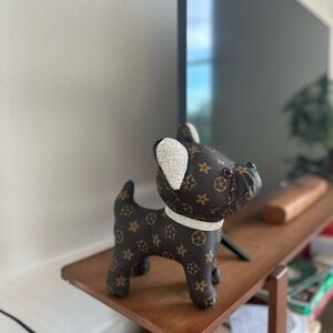 Designer-Style Brown Monogram Frenchie Dog Toy with Rhinestone Collar